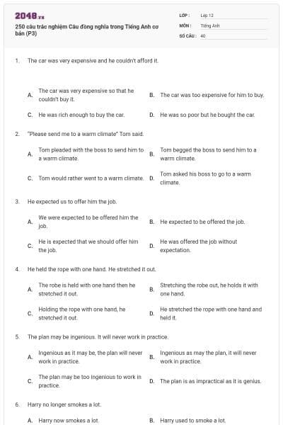 250 câu trắc nghiệm Câu đồng nghĩa trong Tiếng Anh cơ bản (P3)