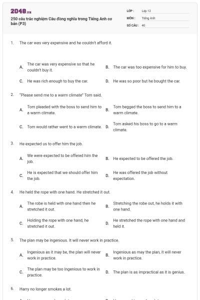 250 câu trắc nghiệm Câu đồng nghĩa trong Tiếng Anh cơ bản (P3)