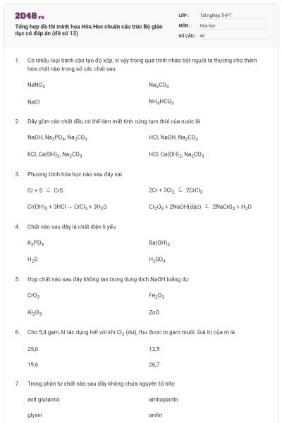Tổng hợp đề thi minh họa Hóa Hoc chuẩn cấu trúc Bộ giáo dục có đáp án (đề số 13)