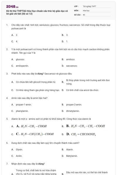Đề thi thử THPTQG Hóa Học chuẩn cấu trúc bộ giáo dục có lời giải chi tiết (Đề số 13)