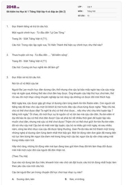 Đề kiểm tra Học kì 1 Tiếng Việt lớp 4 có đáp án (Đề 2)