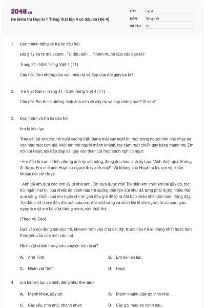 Đề kiểm tra Học kì 1 Tiếng Việt lớp 4 có đáp án (Đề 4)