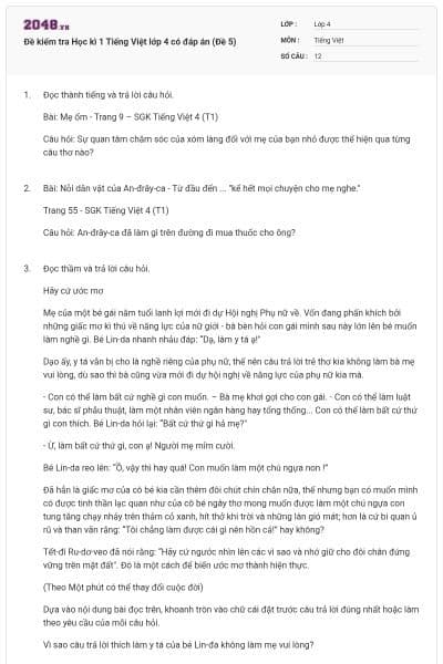 Đề kiểm tra Học kì 1 Tiếng Việt lớp 4 có đáp án (Đề 5)