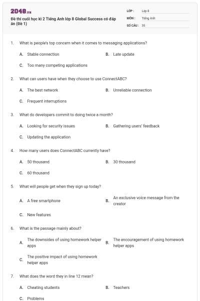 Đề thi cuối học kì 2 Tiếng Anh lớp 8 Global Success có đáp án (Đề 1)
