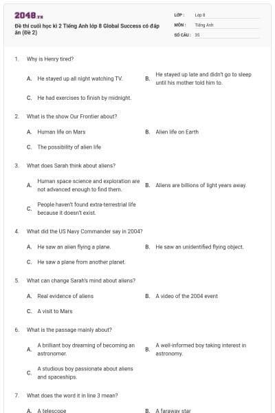 Đề thi cuối học kì 2 Tiếng Anh lớp 8 Global Success có đáp án (Đề 2)