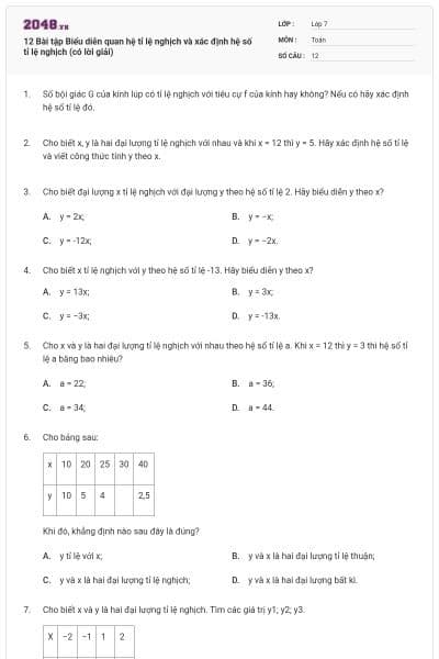 12 Bài tập Biểu diễn quan hệ tỉ lệ nghịch và xác định hệ số tỉ lệ nghịch (có lời giải)
