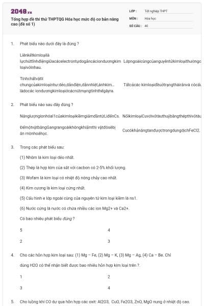 Tổng hợp đề thi thử THPTQG Hóa học mức độ cơ bản nâng cao (đề số 1)
