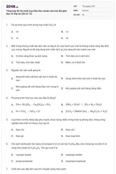 Tổng hợp đề thi minh họa Hóa Hoc chuẩn cấu trúc Bộ giáo dục có đáp án (đề số 12)