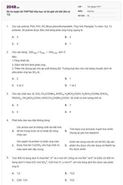 Đề ôn luyện thi THPTQG Hóa học có lời giải chi tiết (Đề số 12)