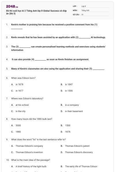 Đề thi cuối học kì 2 Tiếng Anh lớp 8 Global Success có đáp án (Đề 3)