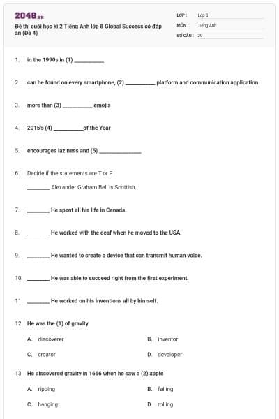 Đề thi cuối học kì 2 Tiếng Anh lớp 8 Global Success có đáp án (Đề 4)