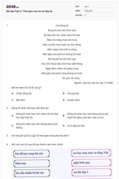 Bài tập Tuần 2: Thời gian của em có đáp án