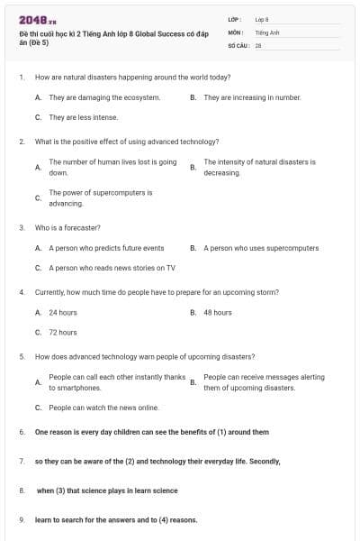 Đề thi cuối học kì 2 Tiếng Anh lớp 8 Global Success có đáp án (Đề 5)