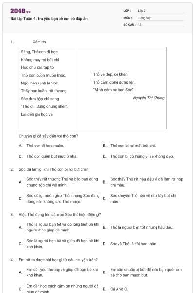 Bài tập Tuần 4: Em yêu bạn bè em có đáp án