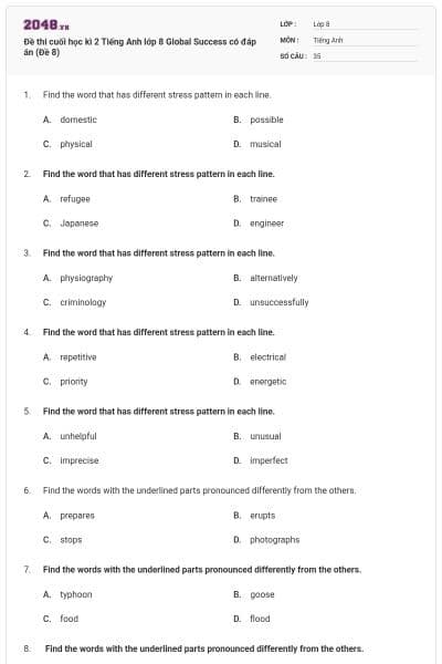 Đề thi cuối học kì 2 Tiếng Anh lớp 8 Global Success có đáp án (Đề 8)