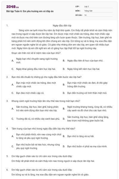 Bài tập Tuần 6: Em yêu trường em có đáp án