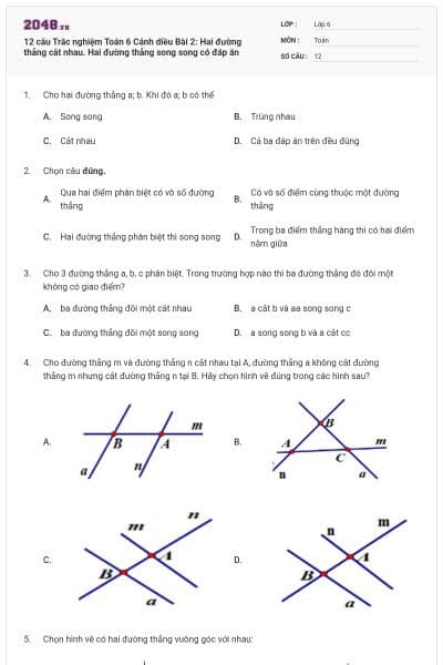 12 câu Trắc nghiệm Toán 6 Cánh diều Bài 2: Hai đường thẳng cắt nhau. Hai đường thẳng song song có đáp án