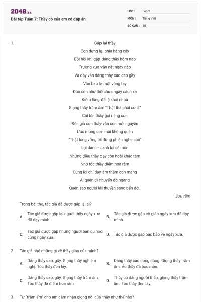 Bài tập Tuần 7: Thầy cô của em có đáp án