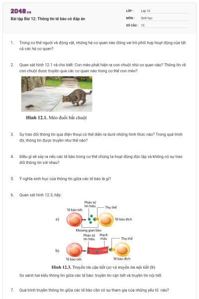 Bài tập Bài 12: Thông tin tế bào có đáp án
