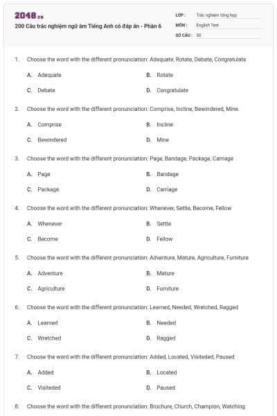 200 Câu trắc nghiệm ngữ âm Tiếng Anh có đáp án - Phần 6