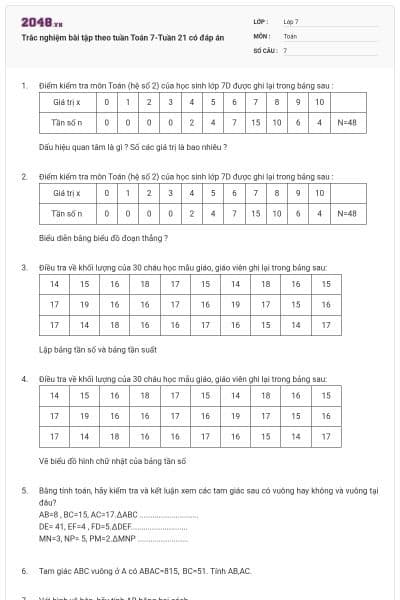 Trắc nghiệm bài tập theo tuần Toán 7-Tuần 21 có đáp án