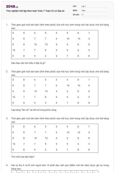 Trắc nghiệm bài tập theo tuần Toán 7-Tuần 22 có đáp án