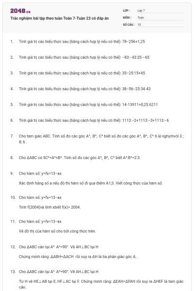 Trắc nghiệm bài tập theo tuần Toán 7-Tuần 23 có đáp án