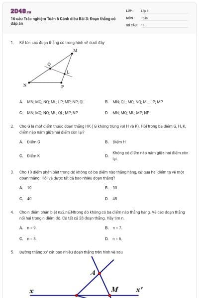 16 câu Trắc nghiệm Toán 6 Cánh diều Bài 3: Đoạn thẳng có đáp án