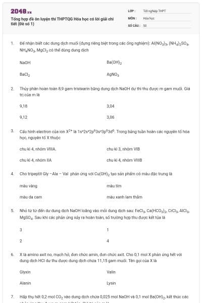 Tổng hợp đề ôn luyện thi THPTQG Hóa học có lời giải chi tiết (Đề số 1)