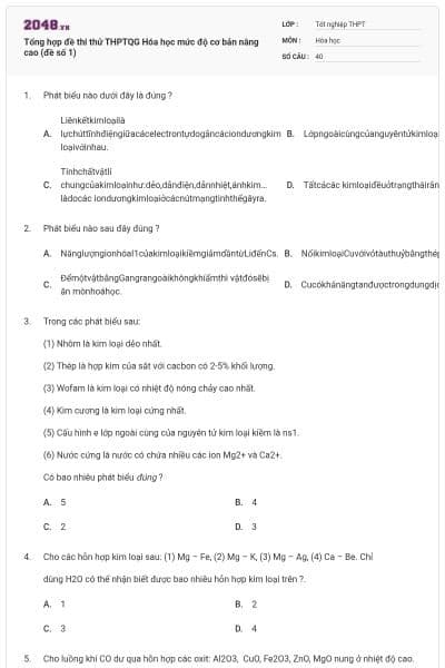 Tổng hợp đề thi thử THPTQG Hóa học mức độ cơ bản nâng cao (đề số 1)
