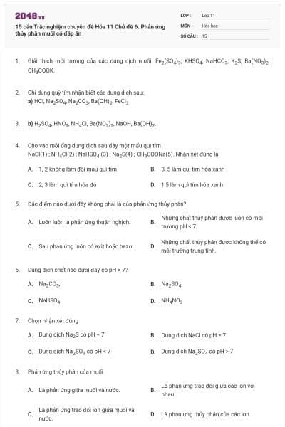 15 câu Trắc nghiệm chuyên đề Hóa 11 Chủ đề 6. Phản ứng thủy phân muối có đáp án