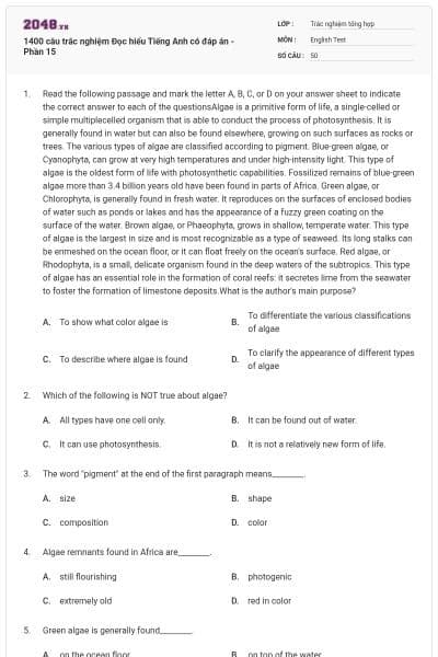 1400 câu trắc nghiệm Đọc hiểu Tiếng Anh có đáp án - Phần 15