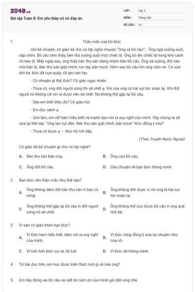 Bài tập Tuần 8: Em yêu thầy cô có đáp án