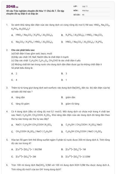 40 câu Trắc nghiệm chuyên đề Hóa 11 Chủ đề 7. Ôn tập chuyên đề sự điện li có đáp án