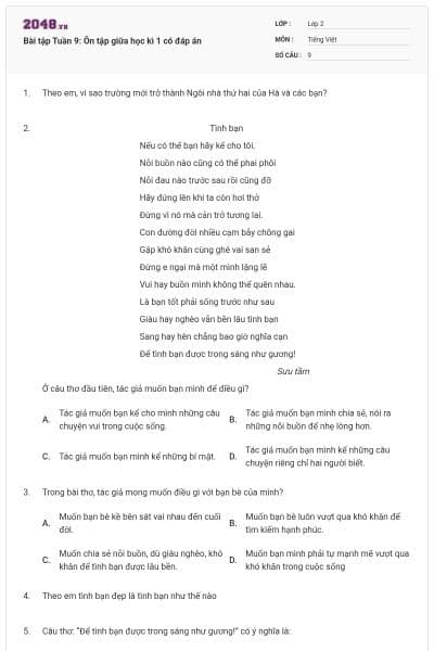 Bài tập Tuần 9: Ôn tập giữa học kì 1 có đáp án