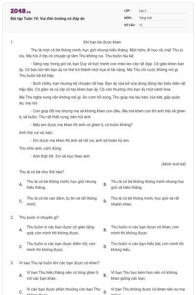 Bài tập Tuần 10: Vui đến trường có đáp án