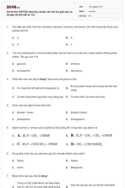 Đề thi thử THPTQG Hóa Học chuẩn cấu trúc bộ giáo dục có lời giải chi tiết (Đề số 13)