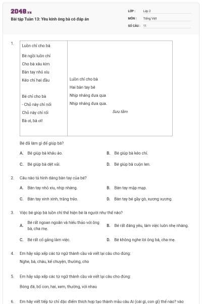 Bài tập Tuần 13: Yêu kính ông bà có đáp án