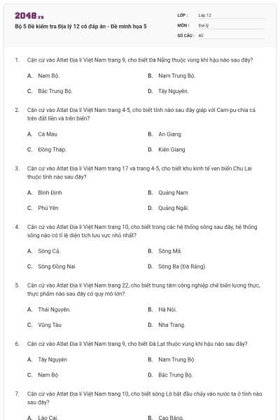 Bộ 5  Đề kiểm tra Địa lý 12 có đáp án - Đề minh họa 5