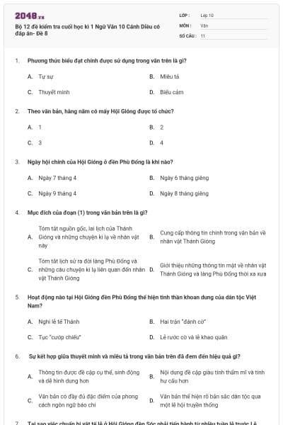 Bộ 12 đề kiểm tra cuối học kì 1 Ngữ Văn 10 Cánh Diều có đáp án- Đề 8