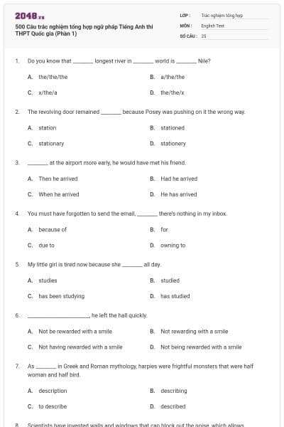 500 Câu trắc nghiệm tổng hợp ngữ pháp Tiếng Anh thi THPT Quốc gia (Phần 1)