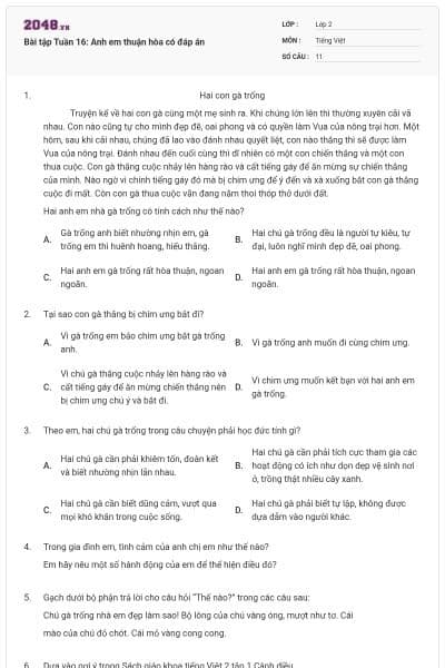 Bài tập Tuần 16: Anh em thuận hòa có đáp án