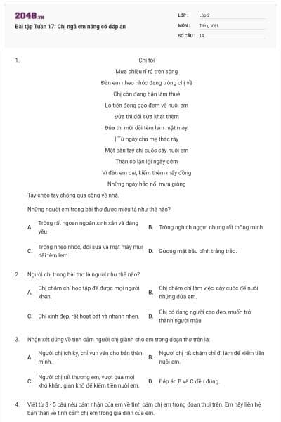 Bài tập Tuần 17: Chị ngã em nâng có đáp án