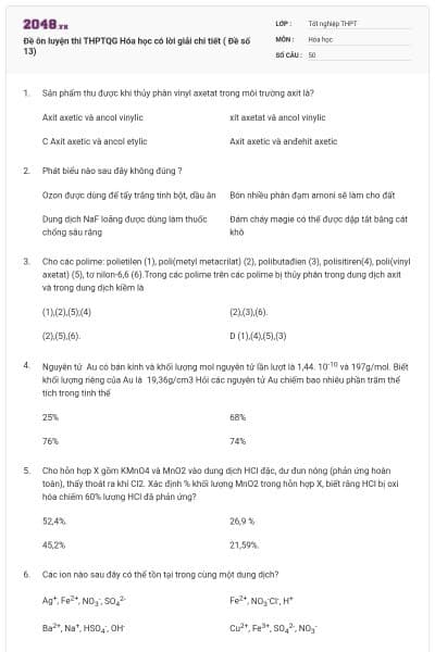 Đề ôn luyện thi THPTQG Hóa học có lời giải chi tiết ( Đề số 13)