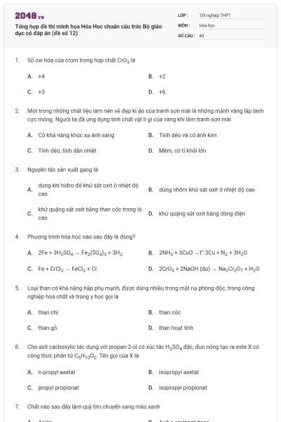 Tổng hợp đề thi minh họa Hóa Hoc chuẩn cấu trúc Bộ giáo dục có đáp án (đề số 12)