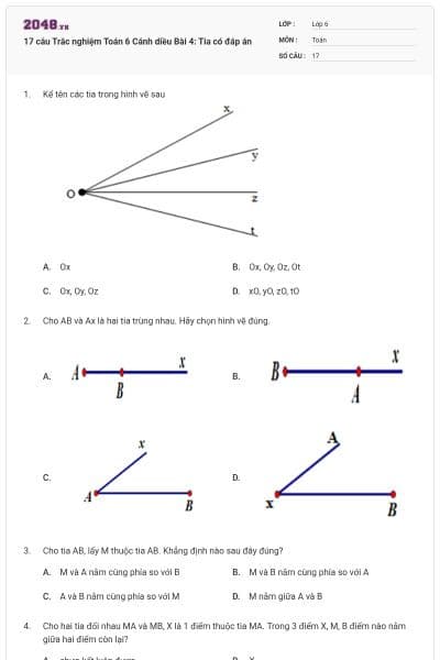 17 câu Trắc nghiệm Toán 6 Cánh diều Bài 4: Tia có đáp án