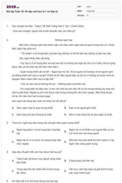 Bài tập Tuần 18: Ôn tập cuối học kì 1 có đáp án