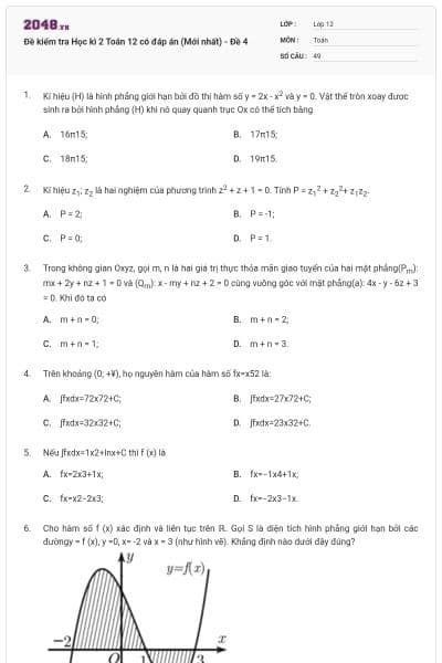 Đề kiểm tra Học kì 2 Toán 12 có đáp án (Mới nhất) - Đề 4