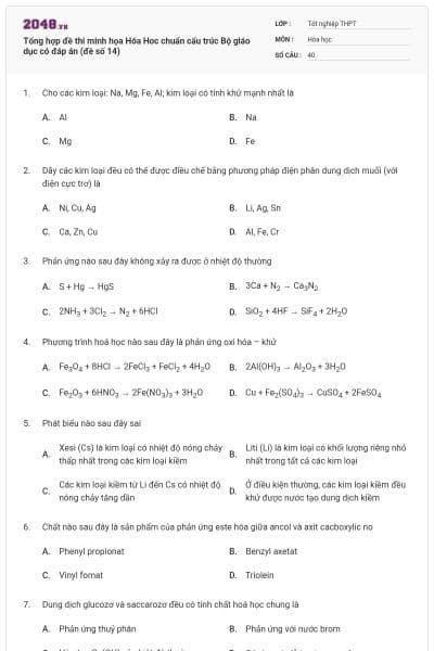 Tổng hợp đề thi minh họa Hóa Hoc chuẩn cấu trúc Bộ giáo dục có đáp án (đề số 14)