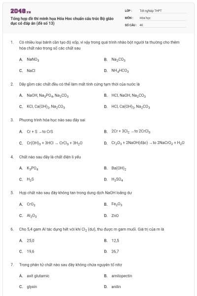 Tổng hợp đề thi minh họa Hóa Hoc chuẩn cấu trúc Bộ giáo dục có đáp án (đề số 13)